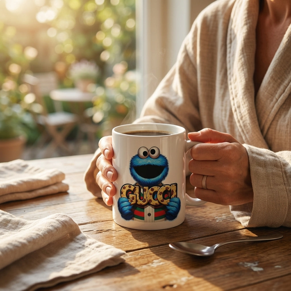Funny Blue Cookie Monster Streetwear Graphic Ceramic Coffee Mug – Trendy Luxury Style Character Art Tea Cup & Unique Birthday Gift