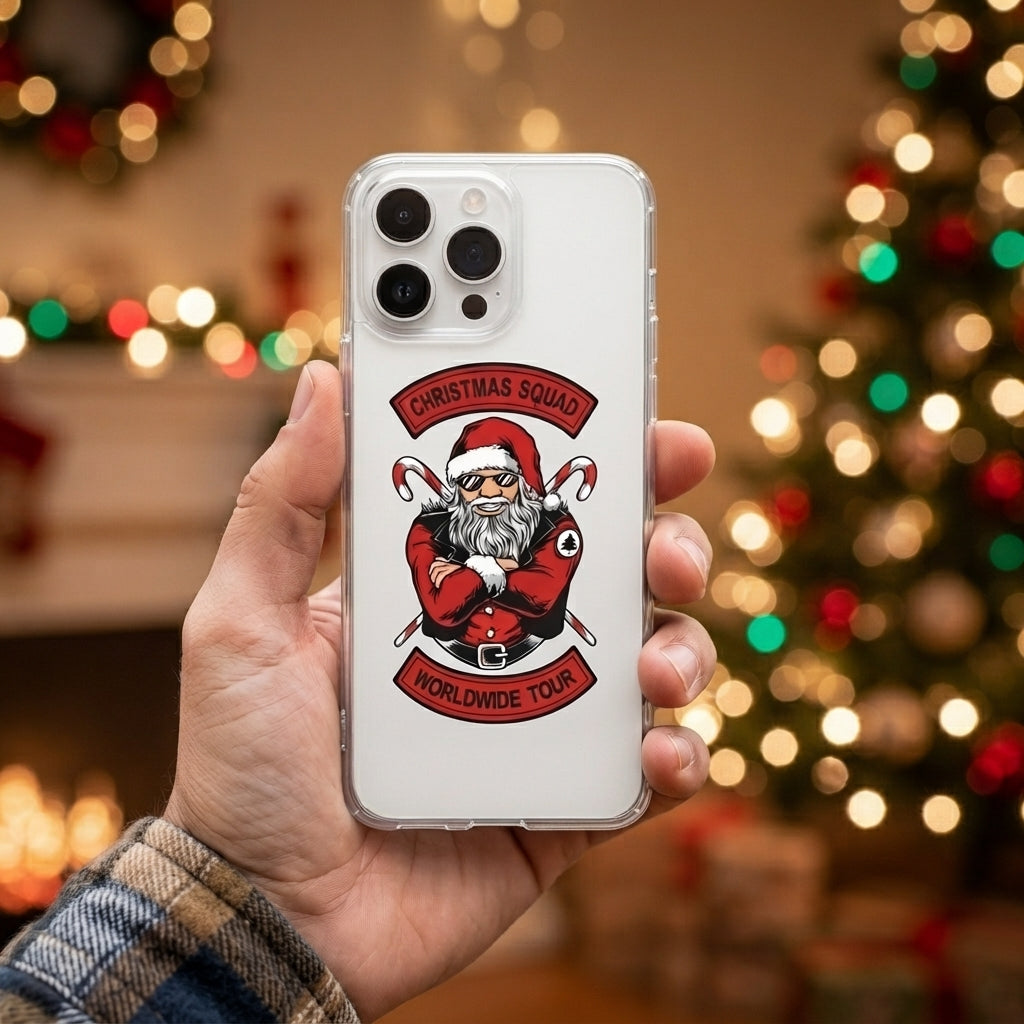 Christmas Squad Worldwide Tour Biker Santa Clear Case for iPhone | Cool Holiday Phone Cover