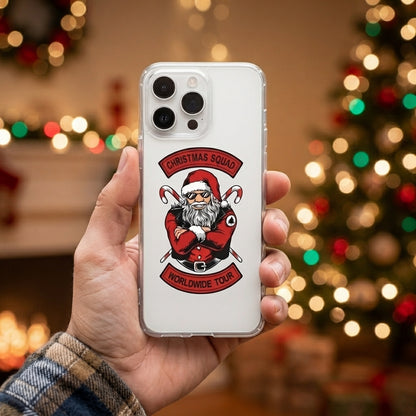Christmas Squad Worldwide Tour Biker Santa Clear Case for iPhone | Cool Holiday Phone Cover