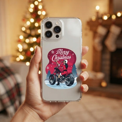 Merry Christmas Biker Santa Girl Clear Case for iPhone | Festive Motorcycle Holiday Cover