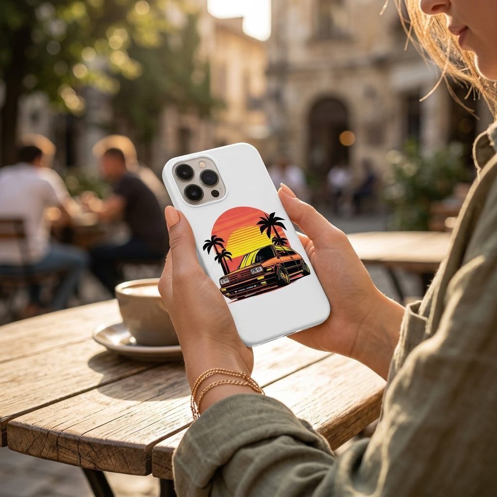 Retro Car Sunset Graphic Matte White iPhone Case