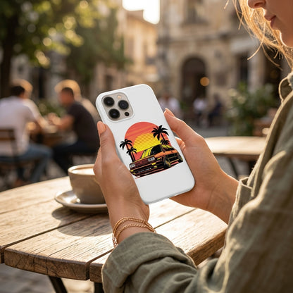 Retro Car Sunset Graphic Matte White iPhone Case