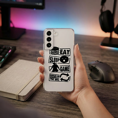 Samsung Clear Case – "EAT SLEEP GAME REPEAT" Gamer Typography Cover