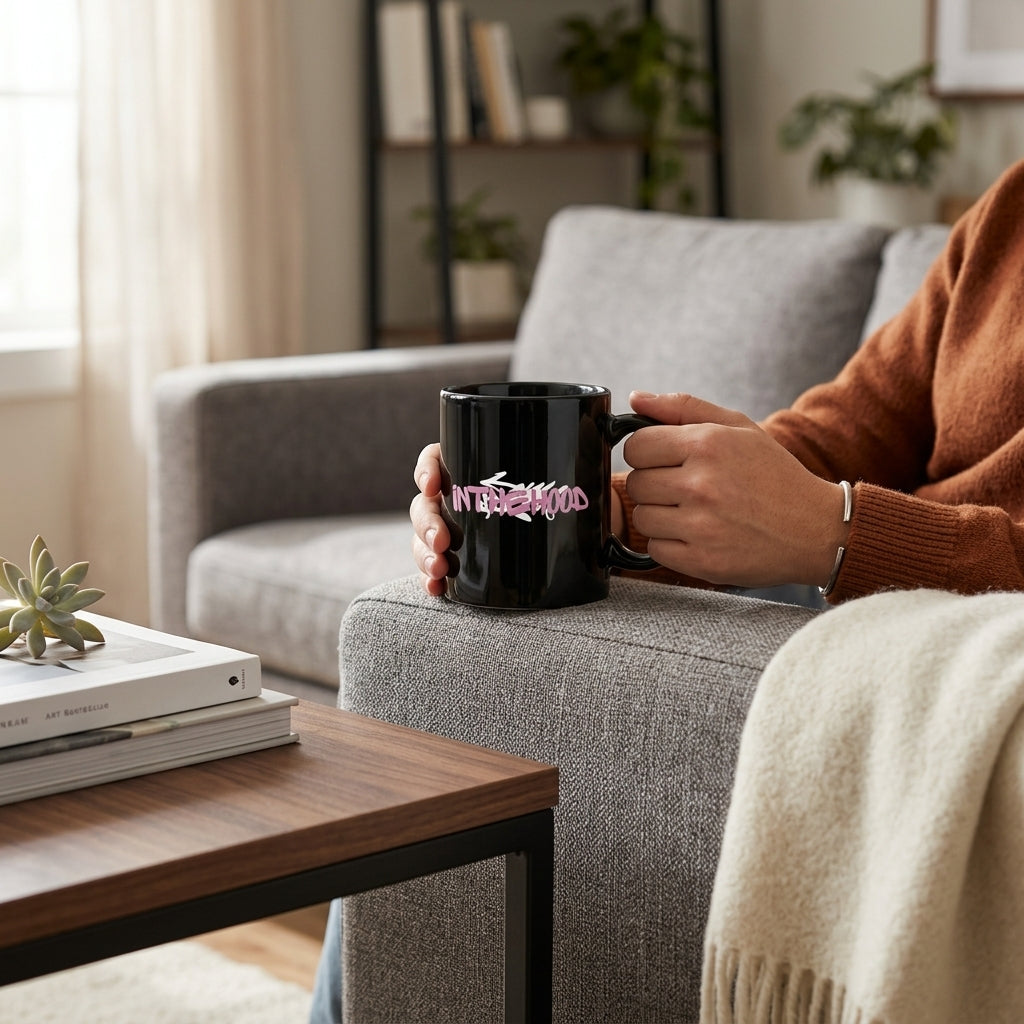In The Hood Pink Graffiti Tag Glossy Black Ceramic Coffee Mug - Urban Streetwear Graphic Printed Tea Cup (11oz)