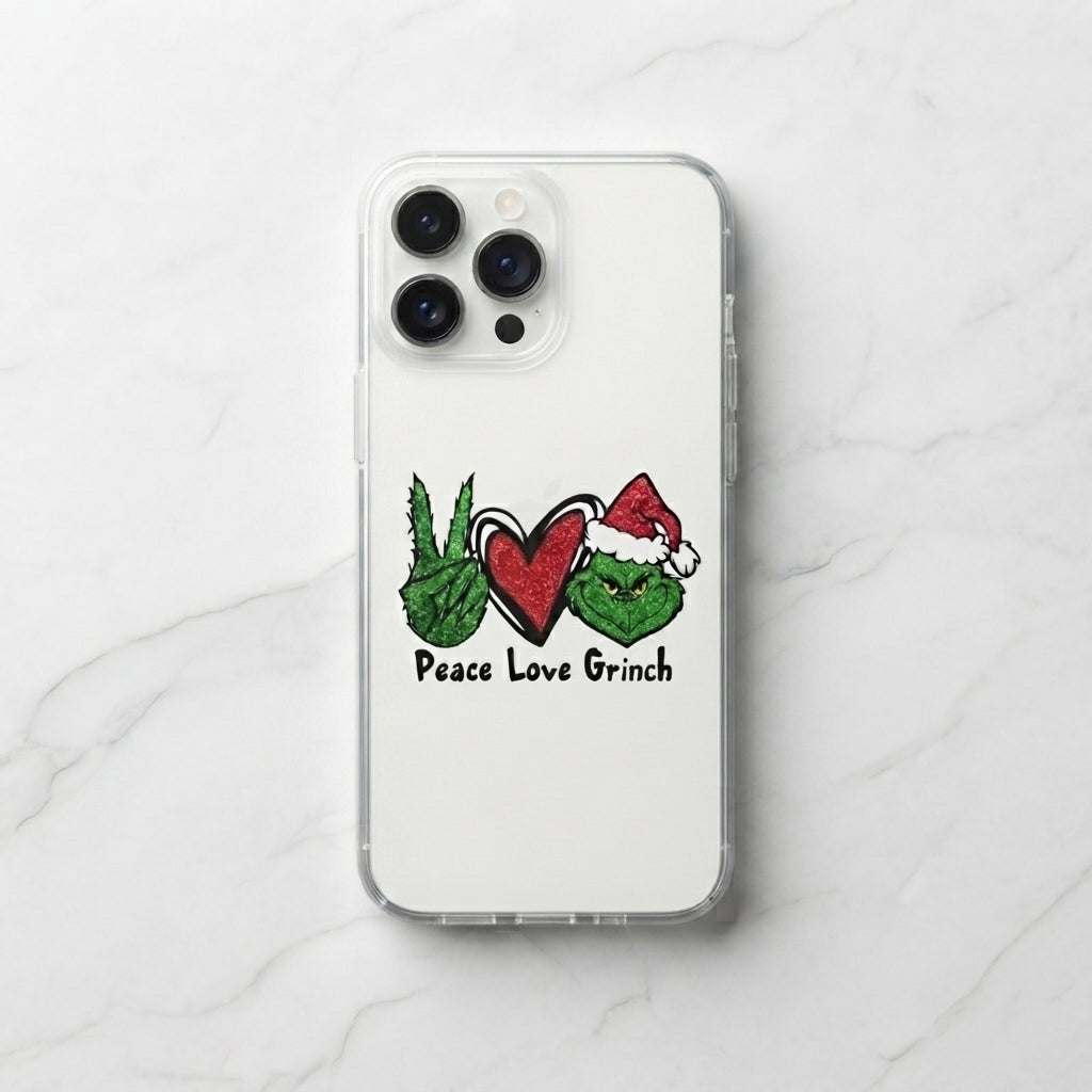 Peace Love Grinch Glitter Clear Case for iPhone | Funny Christmas Holiday Phone Cover
