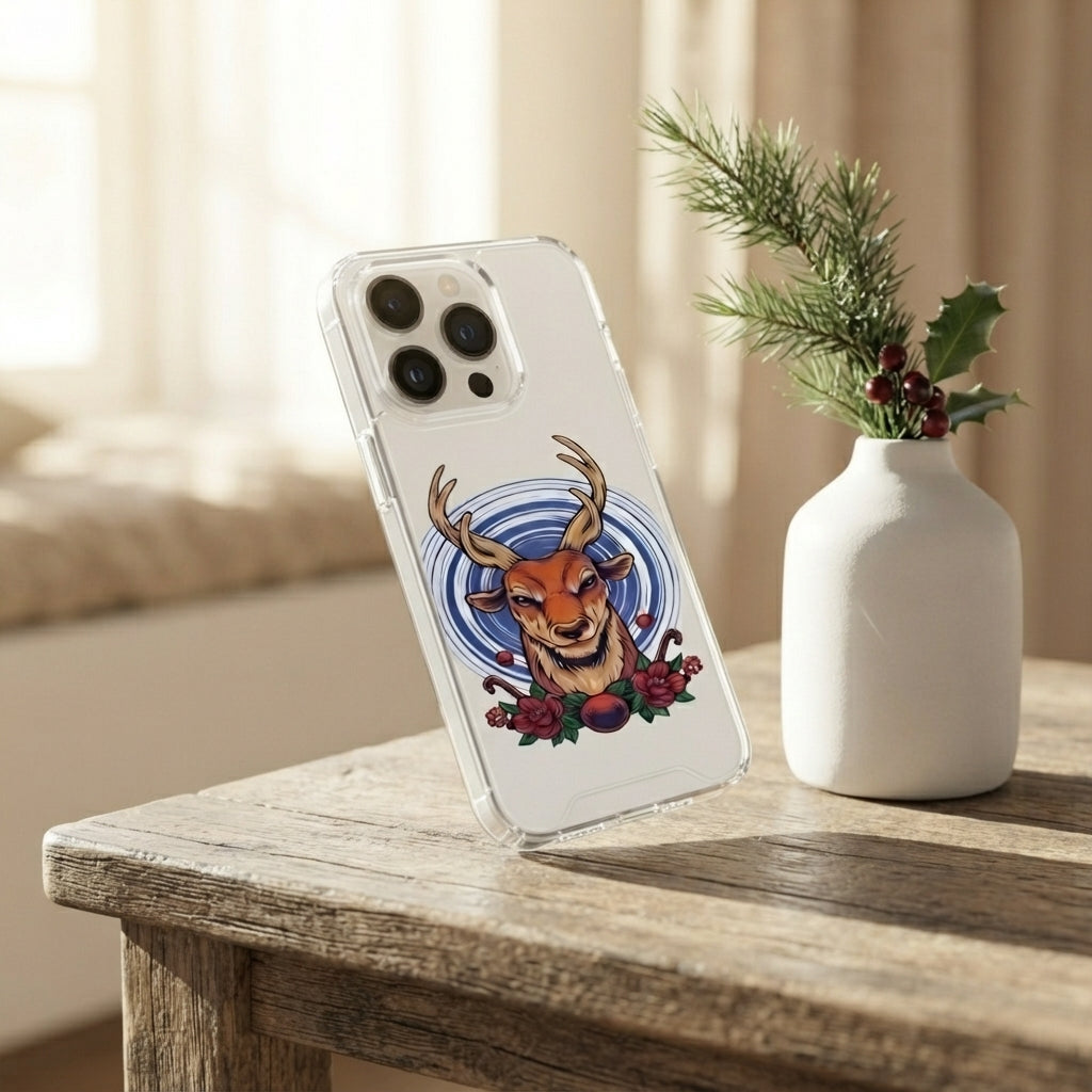 Majestic Deer Antlers Graphic Clear Case Floral Vintage Wildlife Protective Phone Cover for iPhone