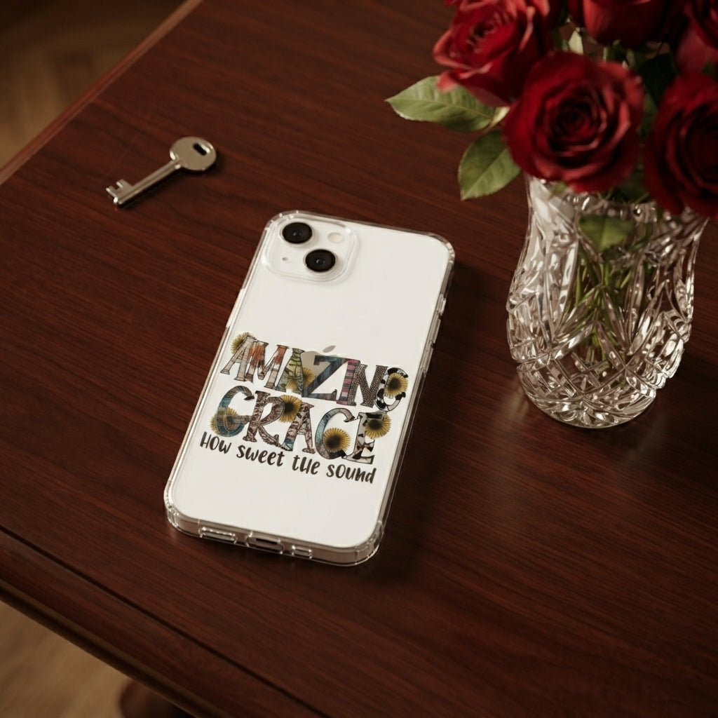Amazing Grace How Sweet The Sound Sunflower Graphic Clear Case Christian Quote Protective Phone Cover for iPhone