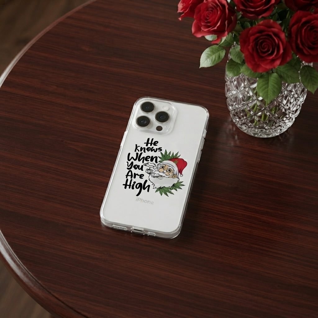 He Knows When You Are High Santa Graphic Clear Case Funny Christmas Holiday Protective Phone Cover for iPhone