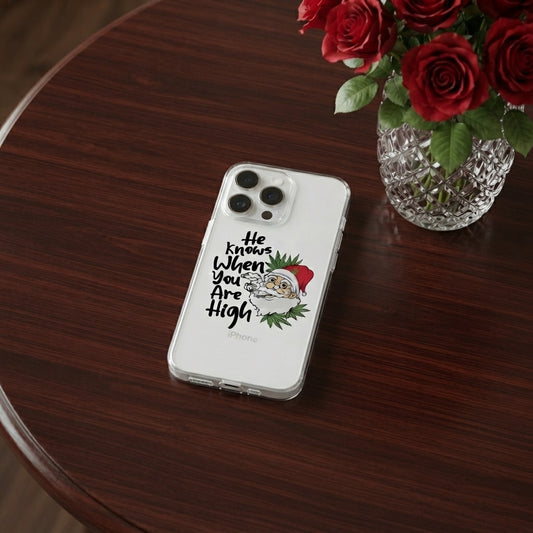 He Knows When You Are High Santa Graphic Clear Case Funny Christmas Holiday Protective Phone Cover for iPhone