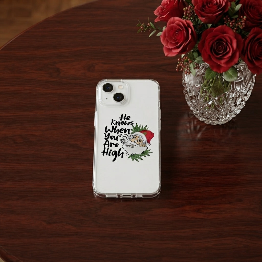 He Knows When You Are High Santa Graphic Clear Case Funny Christmas Holiday Protective Phone Cover for iPhone