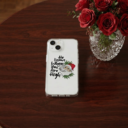 He Knows When You Are High Santa Graphic Clear Case Funny Christmas Holiday Protective Phone Cover for iPhone