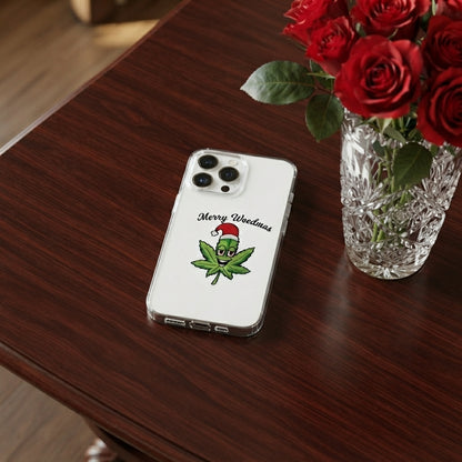 Merry Weedmas Santa Hat Leaf Graphic Clear Case Funny Christmas Holiday Protective Phone Cover for iPhone