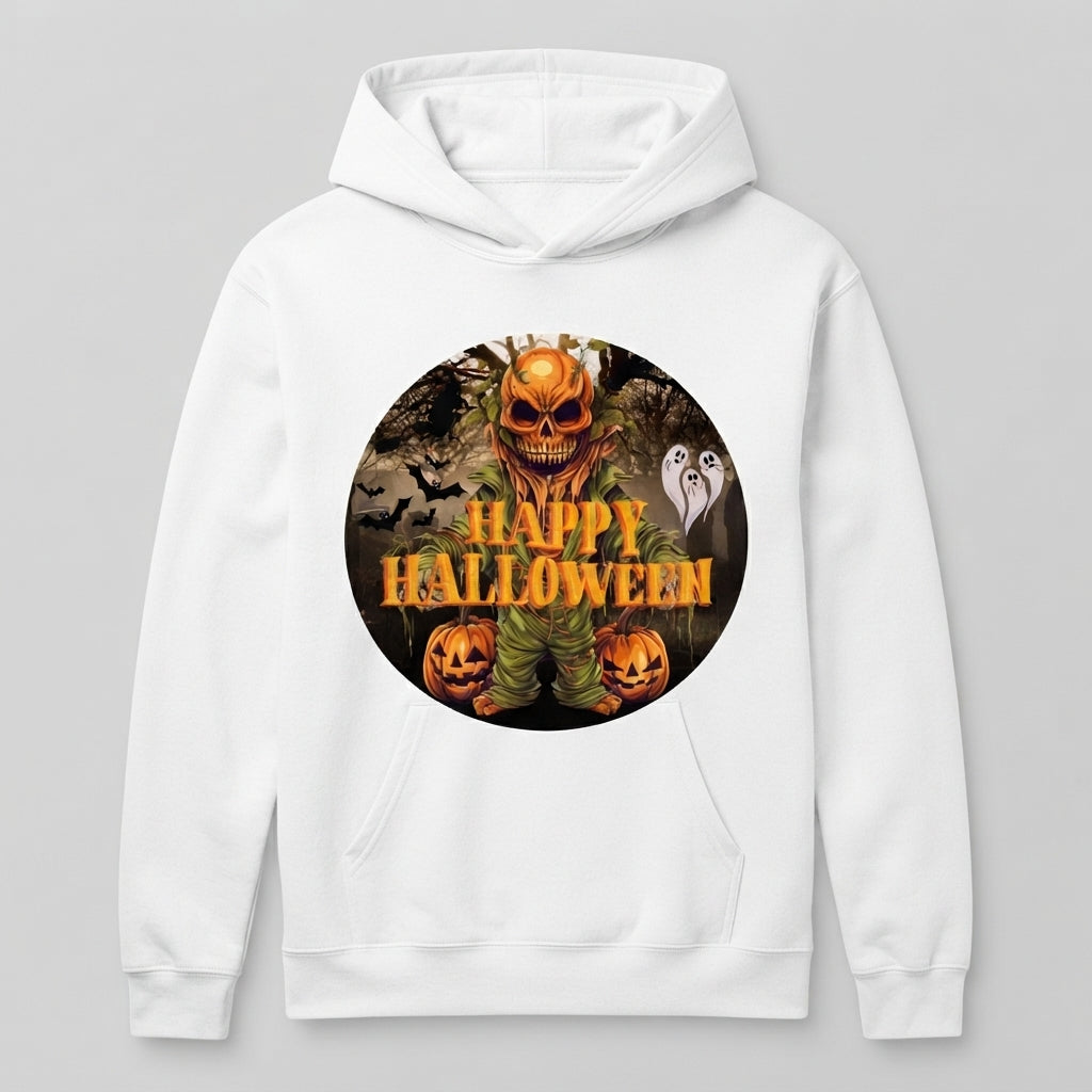 Creepy Pumpkin Skull Scarecrow Halloween Hoodie – Spooky Graphic Pullover