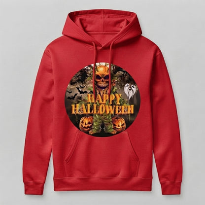 Creepy Pumpkin Skull Scarecrow Halloween Hoodie – Spooky Graphic Pullover