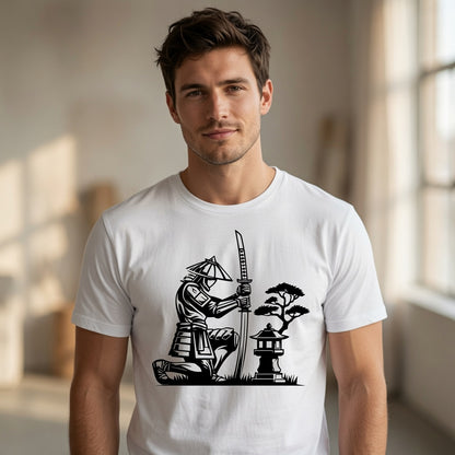 Samurai Kneeling T-Shirt Japanese Lantern Graphic Tee White