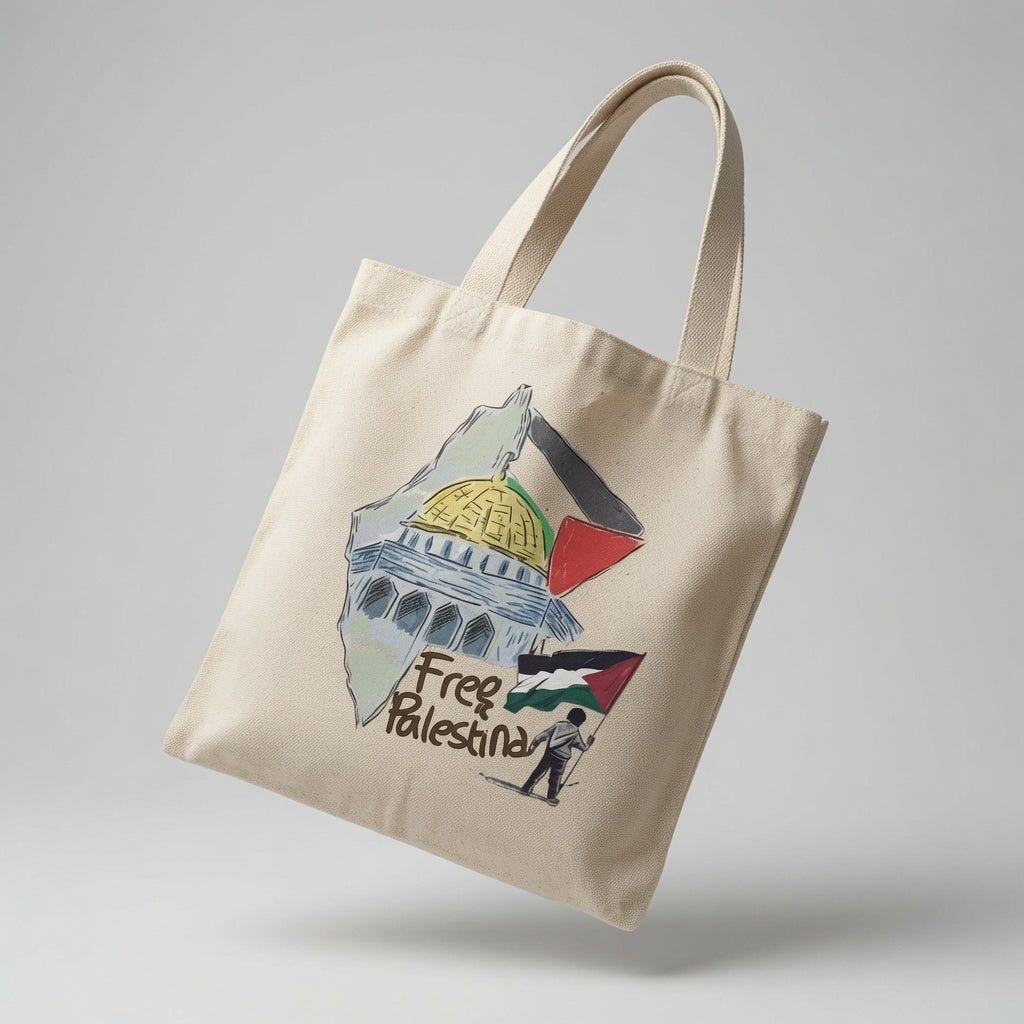 Free Palestina Dome of the Rock Illustration Canvas Tote Bag - Solidarity Handbag