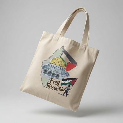Free Palestina Dome of the Rock Illustration Canvas Tote Bag - Solidarity Handbag