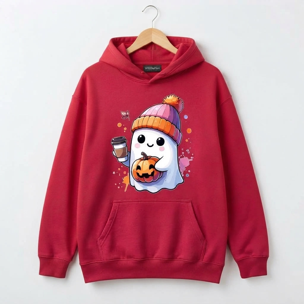 Cute Ghost Beanie Iced Coffee Pumpkin Fall Halloween Graphic Pullover Hoodie