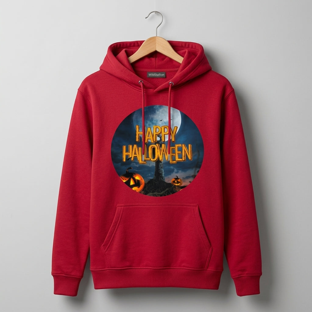 Happy Halloween Full Moon Graveyard Pumpkin Graphic Pullover Hoodie