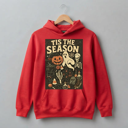 Tis The Season Spooky Collage Ghost Skeleton Pumpkin Graphic Pullover Hoodie