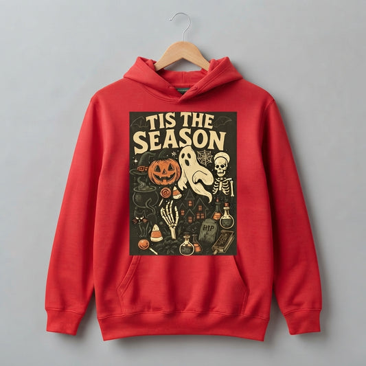 Tis The Season Spooky Collage Ghost Skeleton Pumpkin Graphic Pullover Hoodie