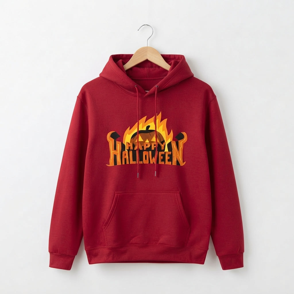 Happy Halloween Flaming Pumpkin Jack-O'-Lantern Graphic Pullover Hoodie