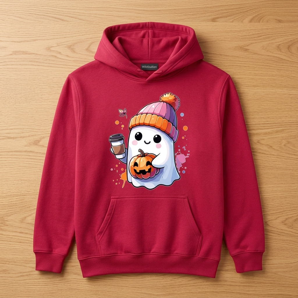 Cute Ghost Beanie Iced Coffee Pumpkin Fall Halloween Graphic Pullover Hoodie