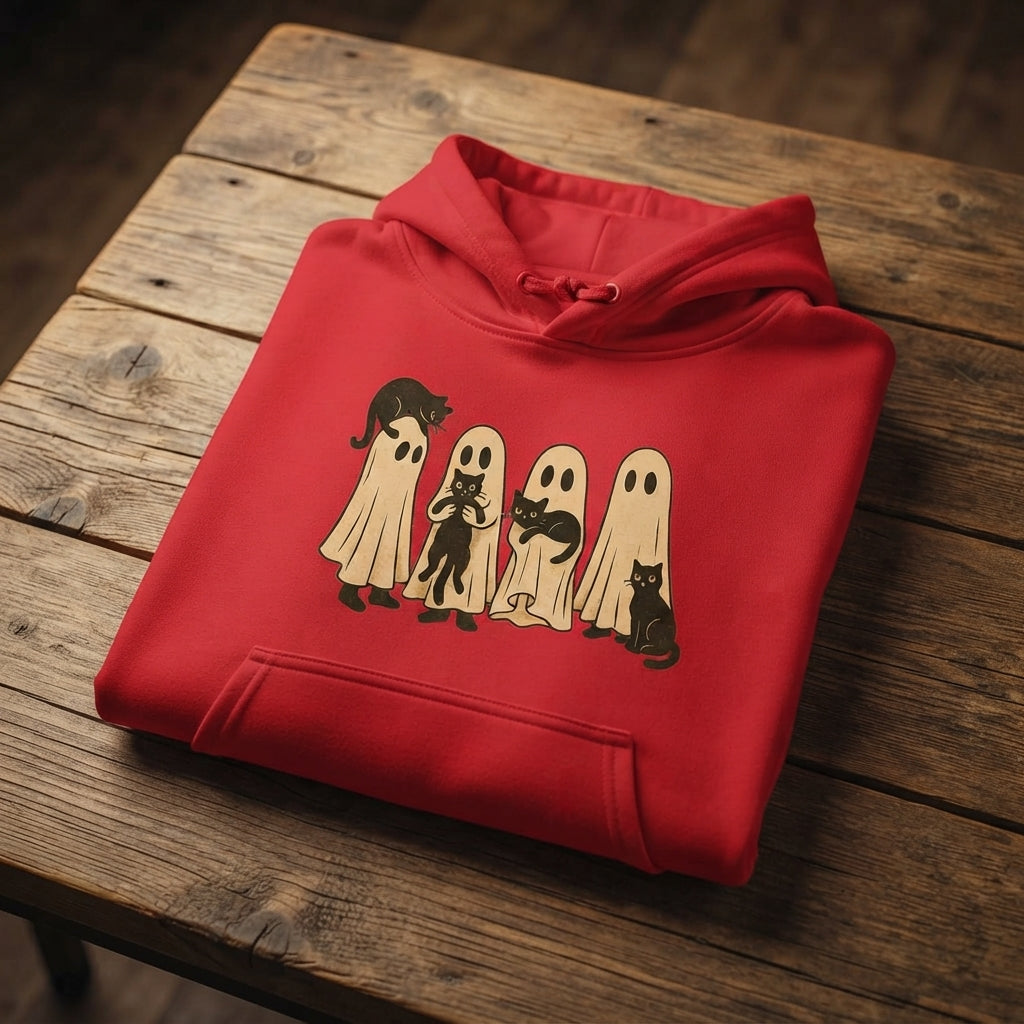 Spooky Ghost Sheet Black Cats Halloween Graphic Pullover Hoodie