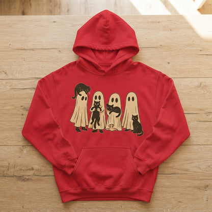 Spooky Ghost Sheet Black Cats Halloween Graphic Pullover Hoodie