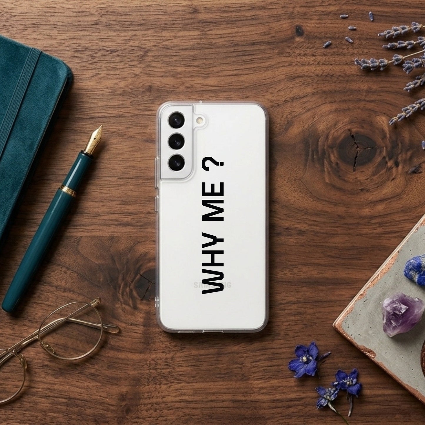 Samsung Clear Phone Case – "WHY ME ?" Minimalist Typography Cover