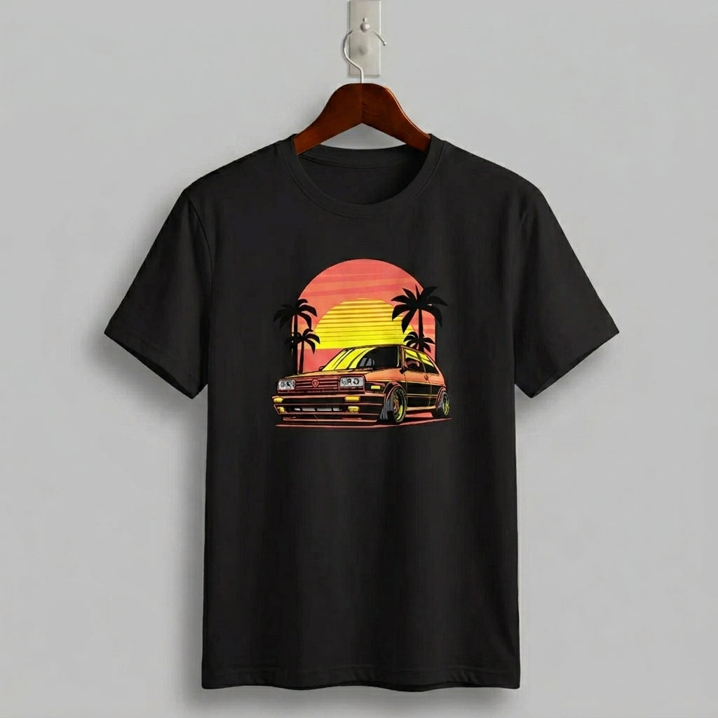 VW Golf Mk2 Retro 80s Sunset Synthwave Graphic T-Shirt