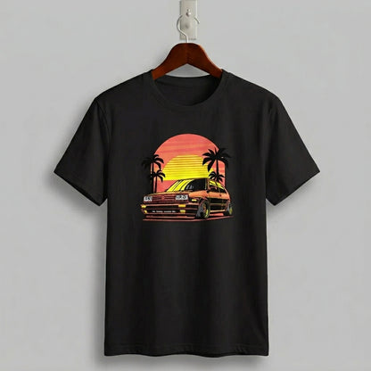 VW Golf Mk2 Retro 80s Sunset Synthwave Graphic T-Shirt