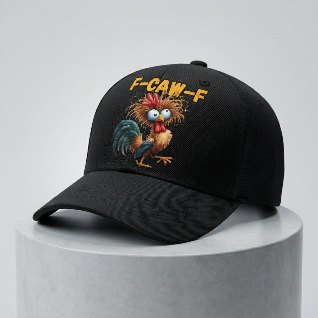 F-CAW-F Crazy Rooster Graphic Baseball Cap - Funny Animal Meme Cap (White & black)