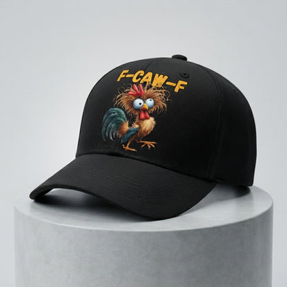 F-CAW-F Crazy Rooster Graphic Baseball Cap - Funny Animal Meme Cap (White & black)
