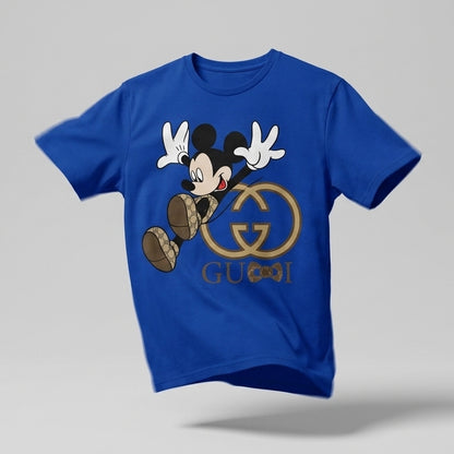 Jumping Mickey Mouse in Monogram Shoes Graphic T-Shirt - Blue & White Unisex Cotton Fashion Parody Streetwear Tee