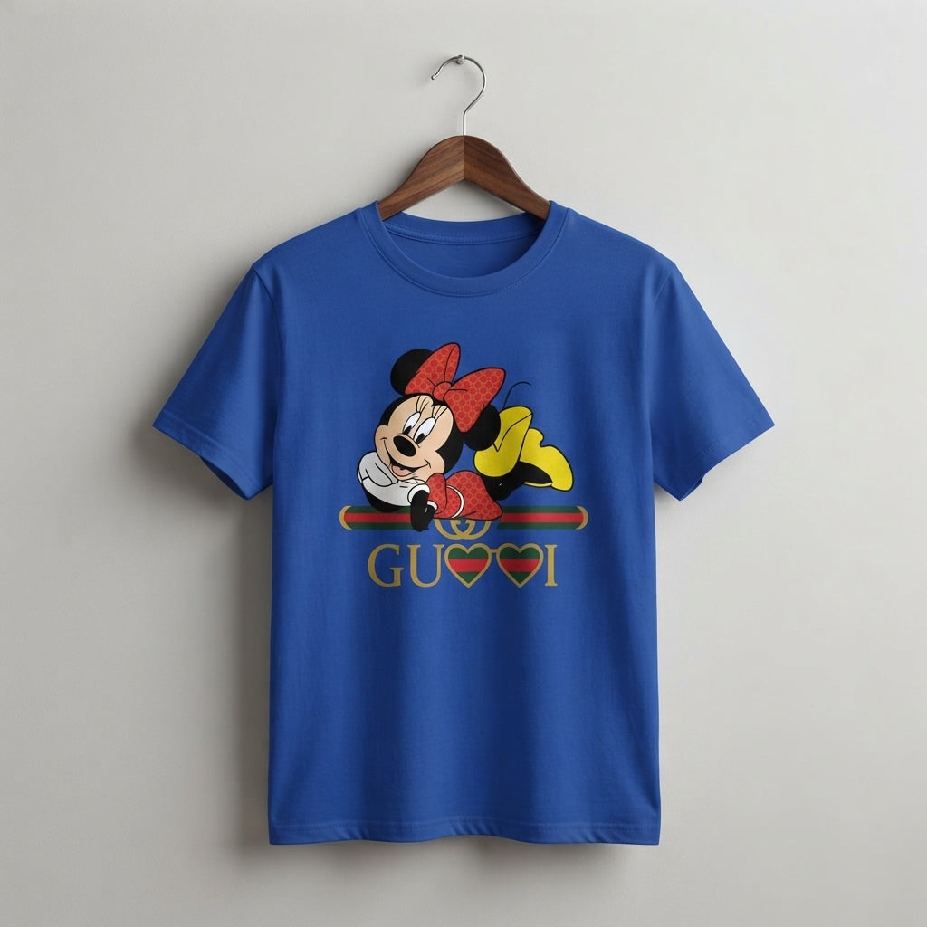 Cute Lying Minnie Mouse in Red Polka Dot Bow Graphic T-Shirt - Unisex Premium Cotton Streetwear Tee (White, Blue | XS to 4XL)