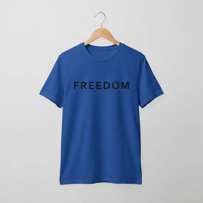 FREEDOM Minimalist Statement Typography Graphic T-Shirt - Premium Soft Cotton Crew Neck Tee in White & Blue