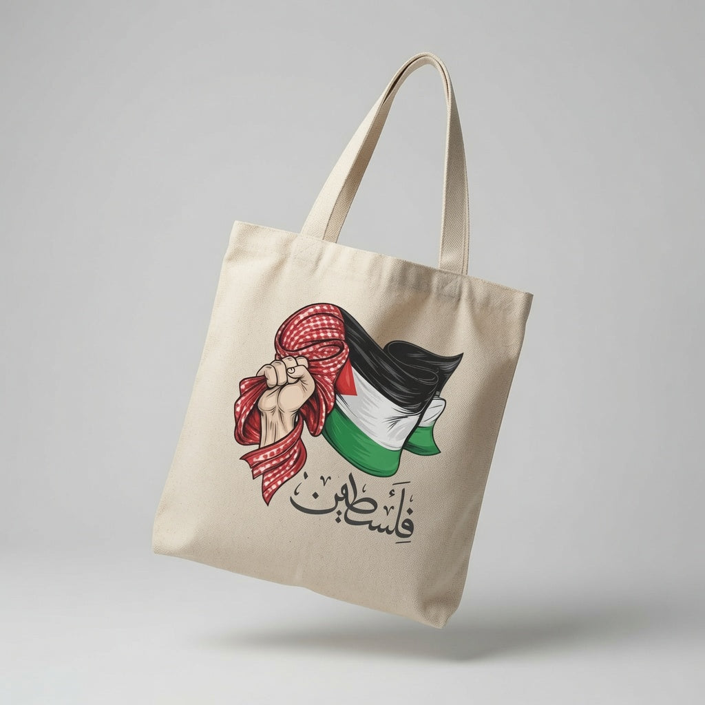 Palestine Resistance Hand Keffiyeh Canvas Tote Bag – Arabic Calligraphy & Flag Tote