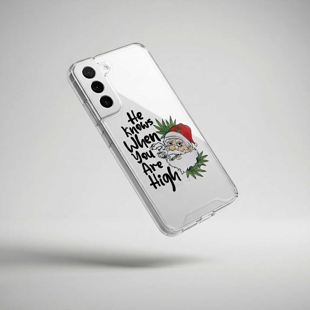 He Knows When You Are High Funny Santa Graphic Designer Clear Case - Festive Transparent Phone Cover