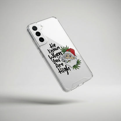 He Knows When You Are High Funny Santa Graphic Designer Clear Case - Festive Transparent Phone Cover