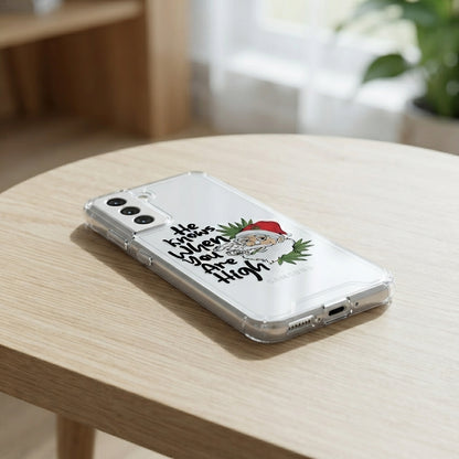 He Knows When You Are High Funny Santa Graphic Designer Clear Case - Festive Transparent Phone Cover