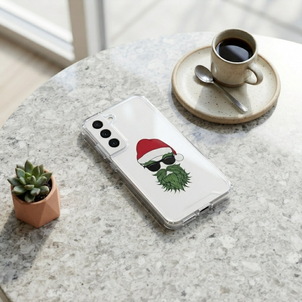 Cool Green Santa with Sunglasses Graphic Designer Clear Case - Festive Holiday Transparent Phone Cover