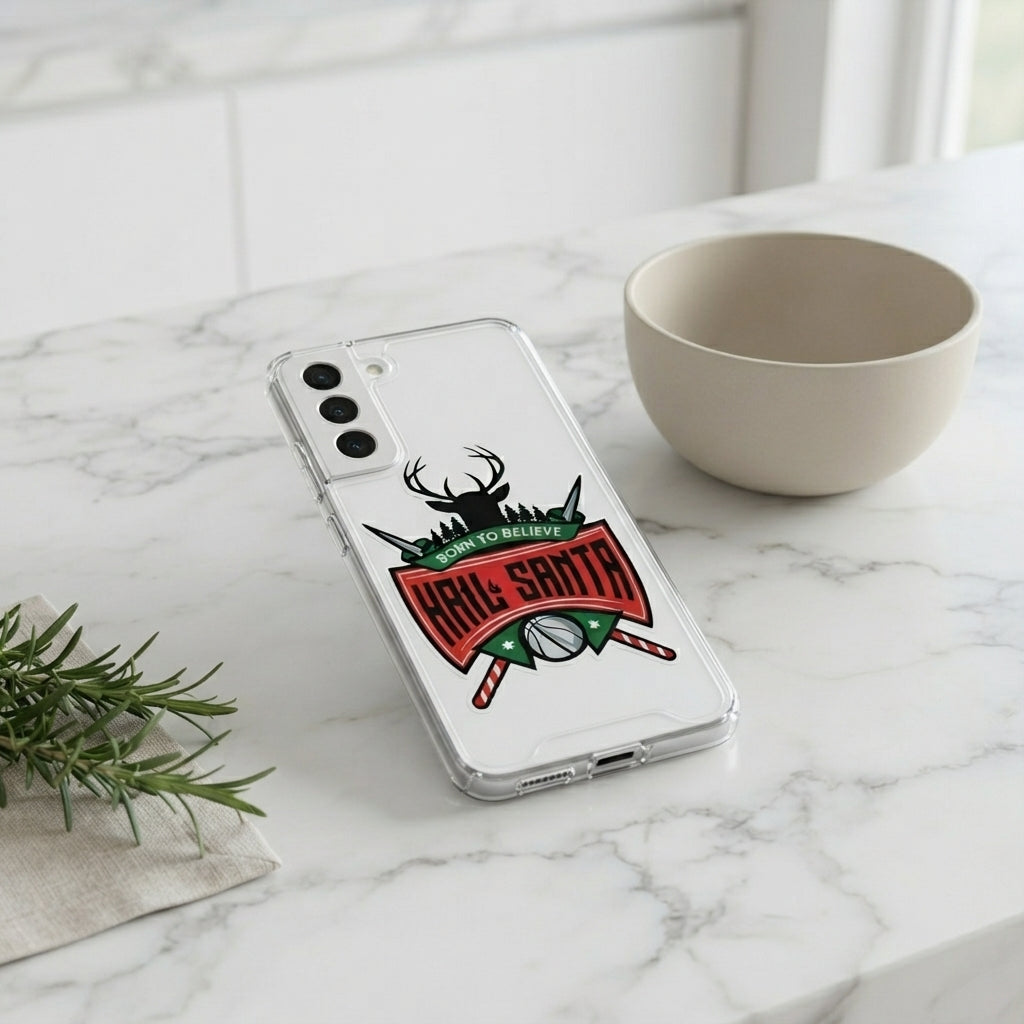 Born to Believe Hail Santa Deer Emblem Designer Clear Case - Festive Transparent Phone Cover