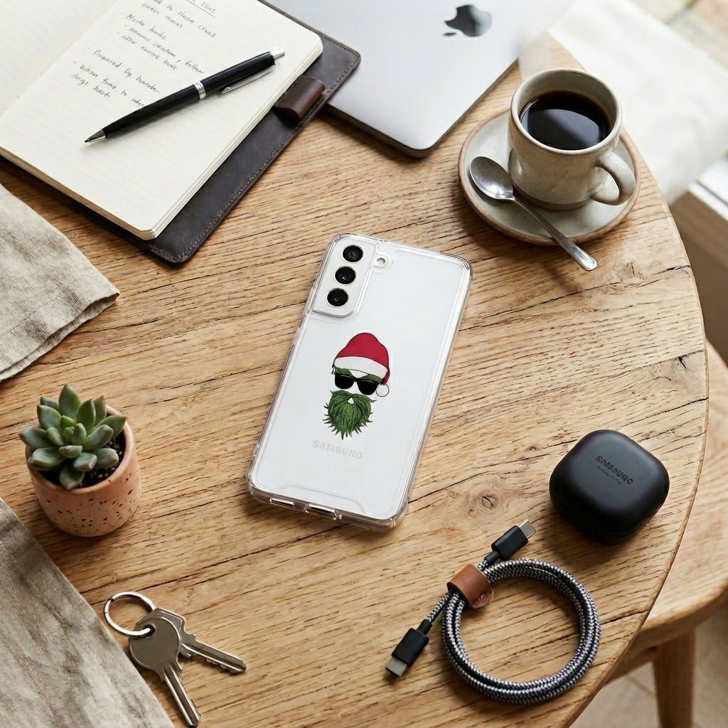 Cool Green Santa with Sunglasses Graphic Designer Clear Case - Festive Holiday Transparent Phone Cover