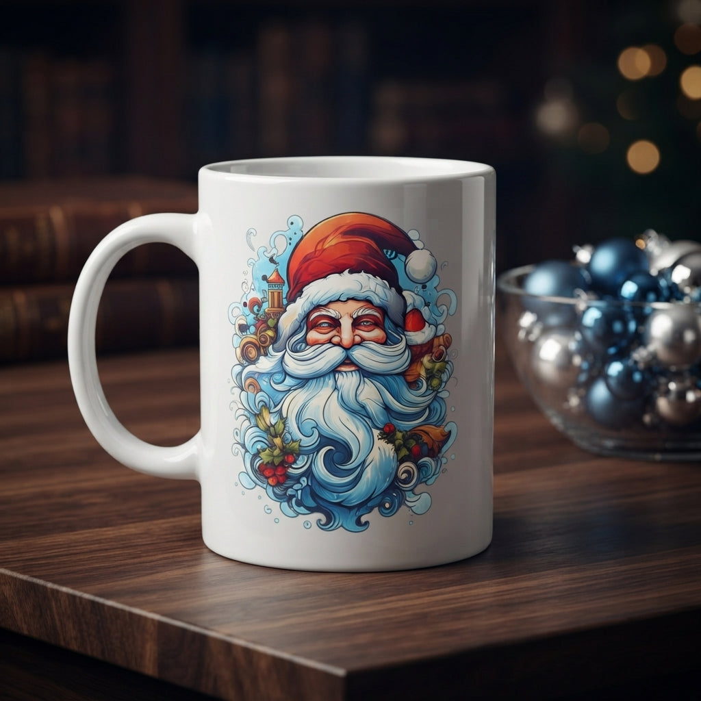 Artistic Santa Claus Christmas Coffee Mug - Illustrated Swirl Art White Ceramic Tea Cup - Holiday Gift for Christmas Lovers