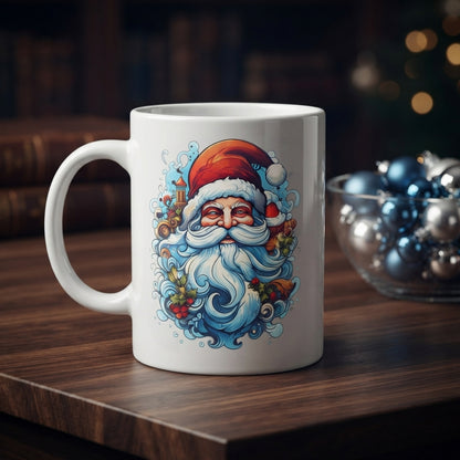 Artistic Santa Claus Christmas Coffee Mug - Illustrated Swirl Art White Ceramic Tea Cup - Holiday Gift for Christmas Lovers