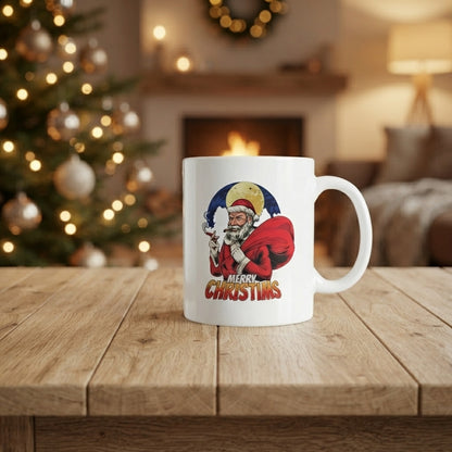 Cool Badass Santa Christmas Coffee Mug - Smoking Santa Claus White Ceramic Tea Cup - Funny Vintage Holiday Gift