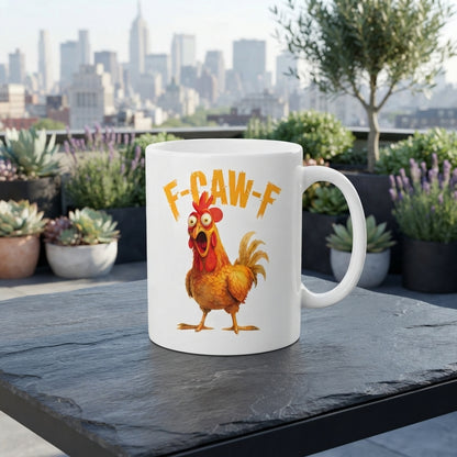 F-CAW-F Startled Rooster Mug – Bold Orange Cartoon Chicken Ceramic Coffee Cup, Fun Office Mug