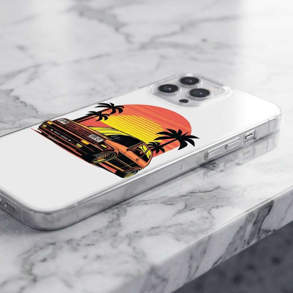 Retro Car Sunset Graphic Matte White iPhone Case