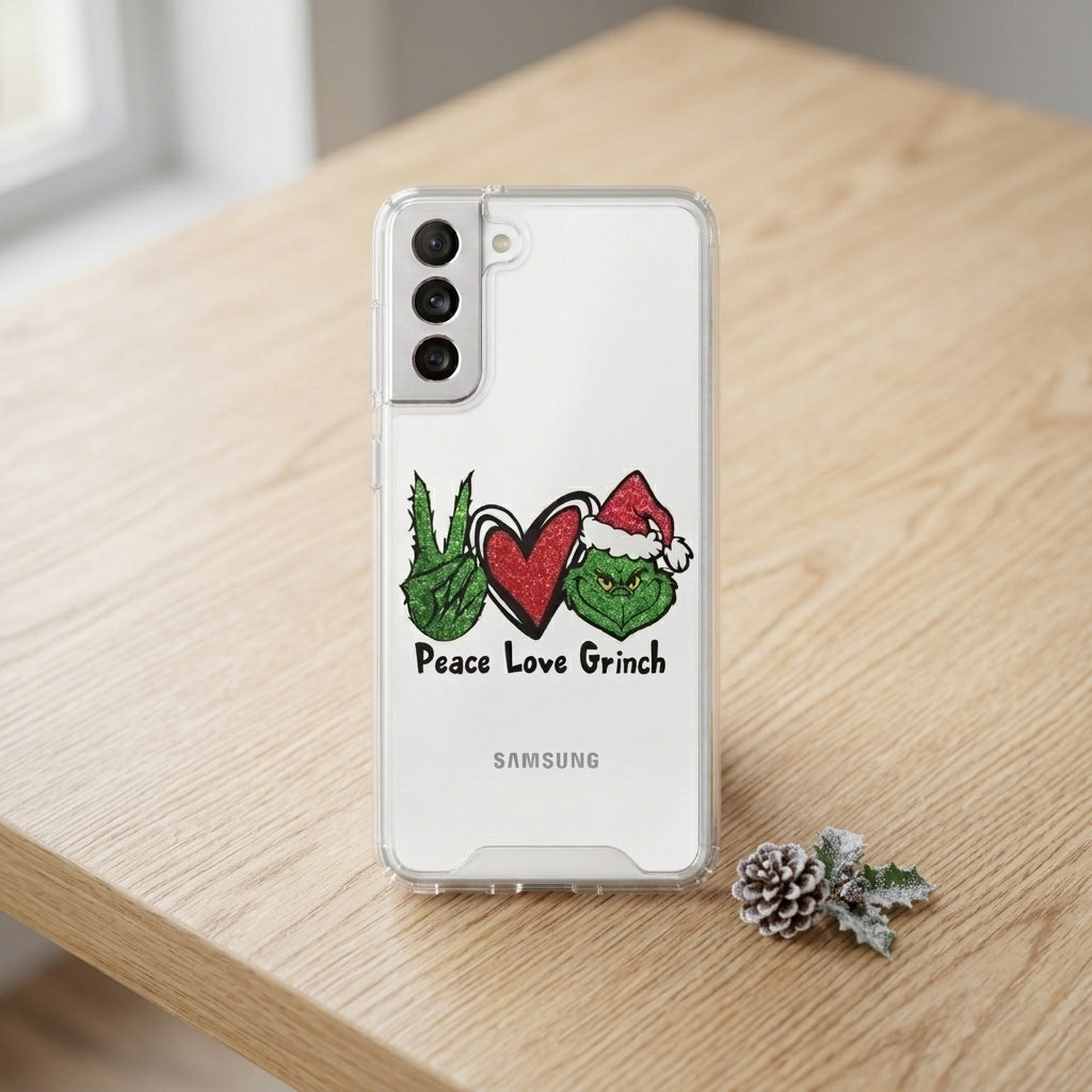 Peace Love Grinch Christmas Clear Case for Samsung Galaxy | Holiday Phone Cover